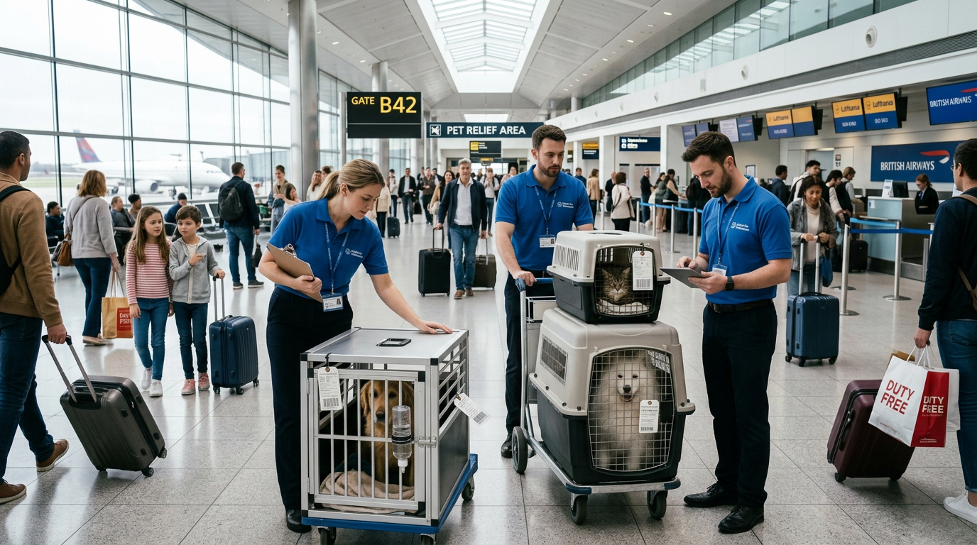Pet relocation team with pets in airport terminal